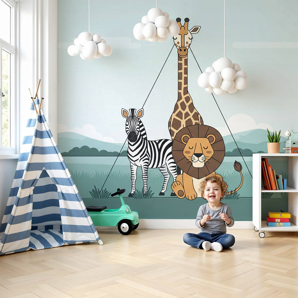 Safari animals mural wallpaper in modern baby nursery with natural wood furniture by Kids-Mundo