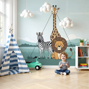Safari animals mural wallpaper in modern baby nursery with natural wood furniture by Kids-Mundo