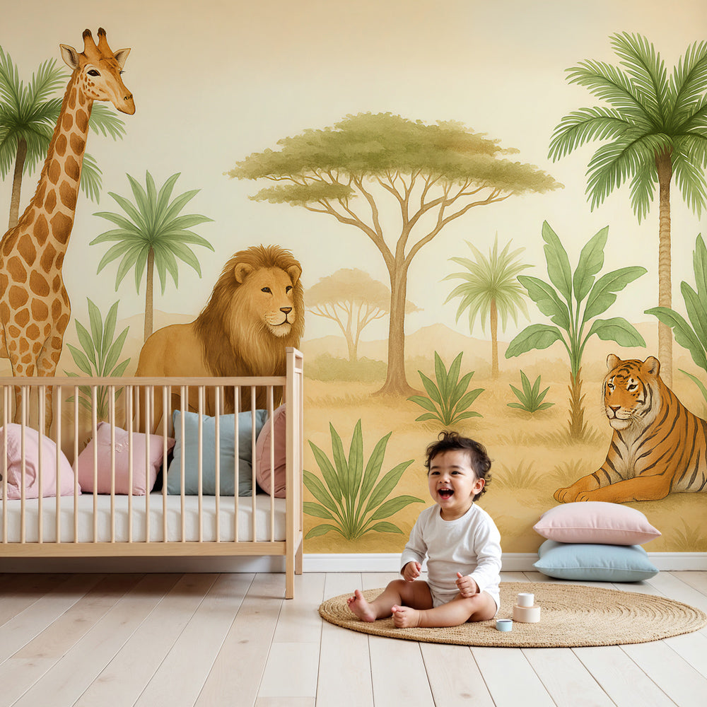 Safari animals mural wallpaper featuring giraffe, lion and tiger in modern kids bedroom by Kids-Mundo