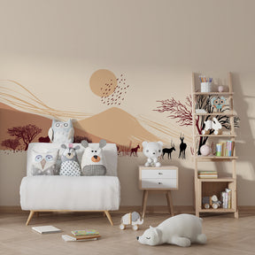 Stylized savanna wallpaper creating peaceful atmosphere in children's bedroom decor