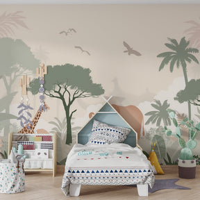 Soft pastel safari wallpaper creating peaceful children's bedroom decor with gentle wildlife