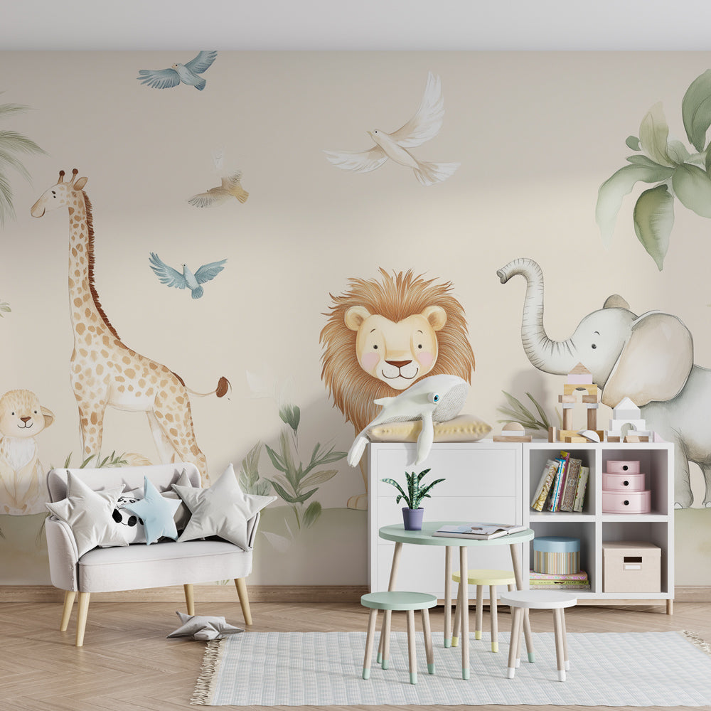 Colorful safari wildlife mural wallpaper transforming children's bedroom into adventure space