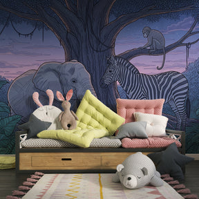 Nighttime safari wallpaper creating calming atmosphere in children's bedroom decor
