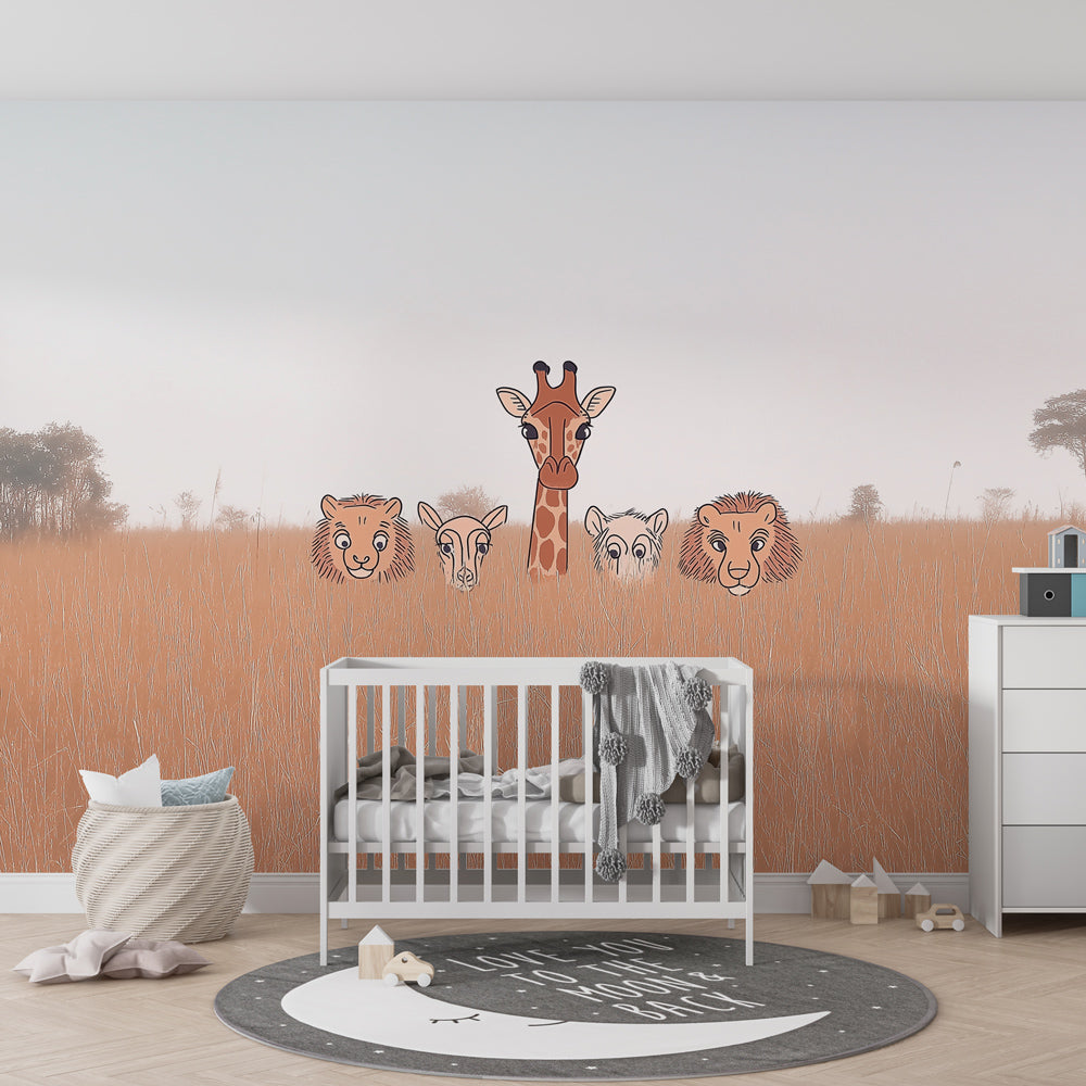 Golden savanna wallpaper creating adventure theme in children's bedroom decor