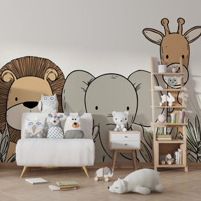 Adventure-themed safari wallpaper creating magical kids bedroom decor with natural wood furniture