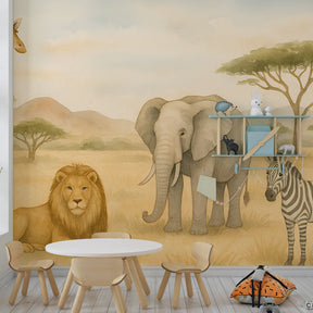 Majestic savanna wildlife wallpaper creating adventure-themed kids bedroom decor