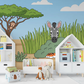 Savannah theme wallpaper creating adventurous kids bedroom decor with natural colors