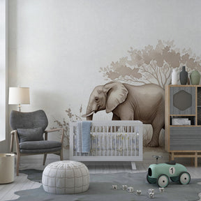 Gentle safari wallpaper creating peaceful children's bedroom with elephant and zebra design