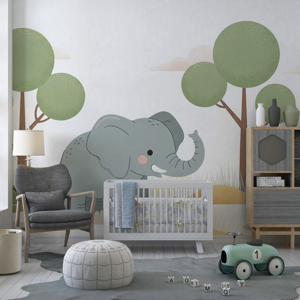Playful savanna mural wallpaper transforming children's bedroom into wildlife adventure space