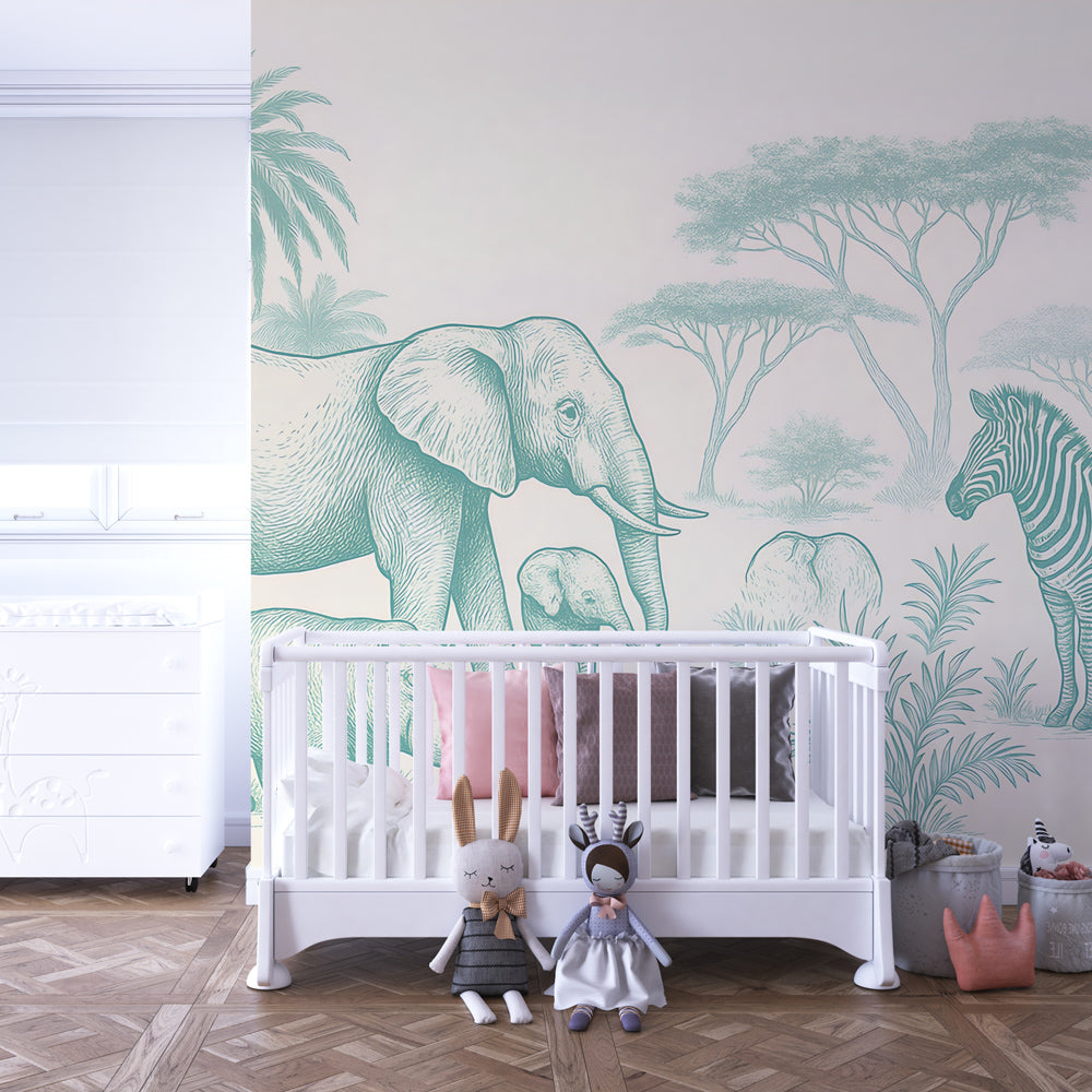 African safari wallpaper creating adventure-themed kids bedroom with elephant family scene