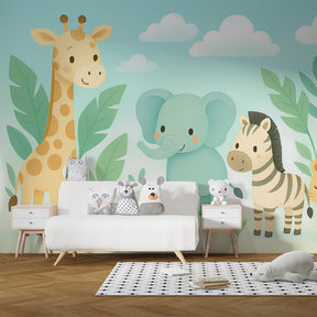 Jungle themed mural wallpaper transforming kids bedroom with playful safari animals