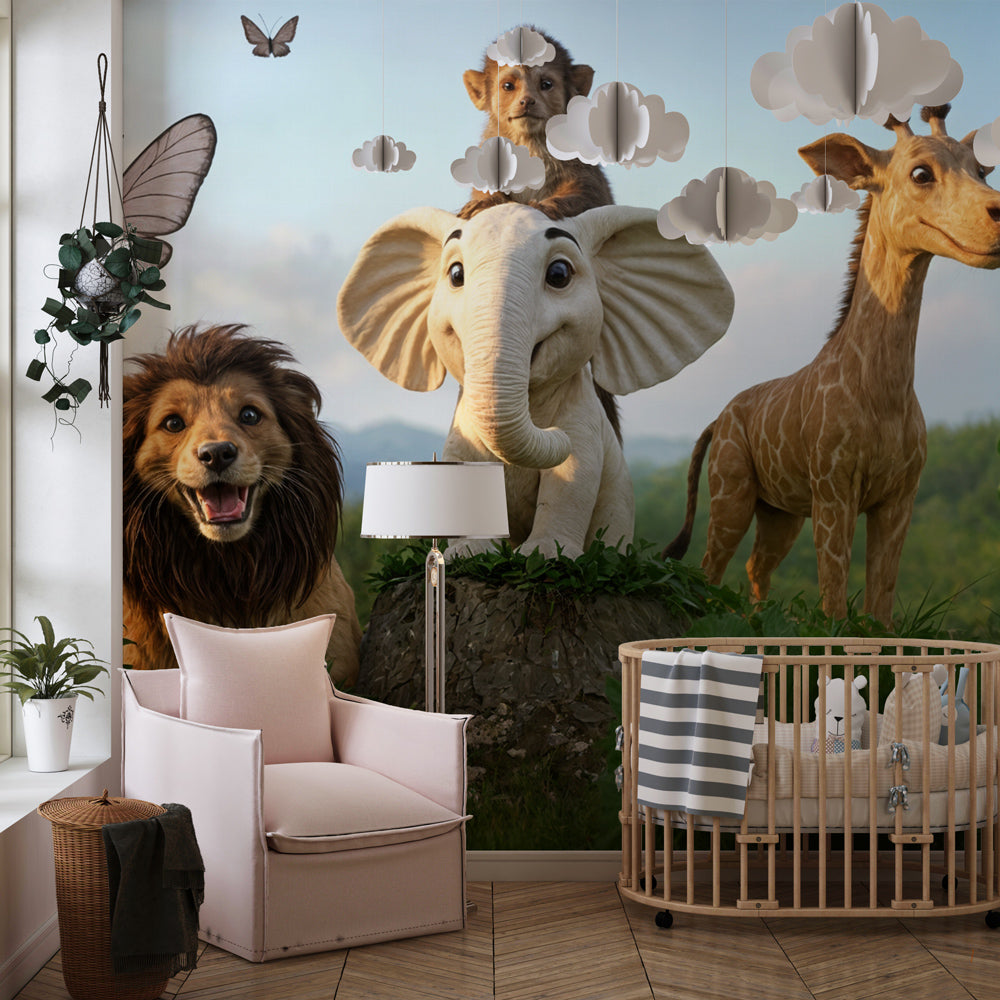 Colorful safari wildlife wallpaper creating adventure theme in children's bedroom decor