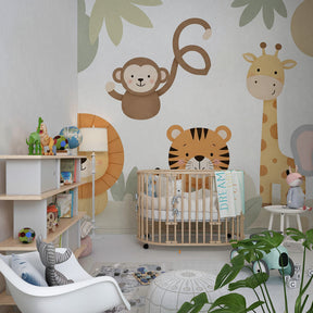 Happy savanna animals wallpaper creating adventurous kids bedroom decor with pastel tones