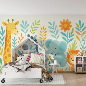 Savanna wildlife wallpaper creating adventurous kids bedroom decor with natural wood furniture