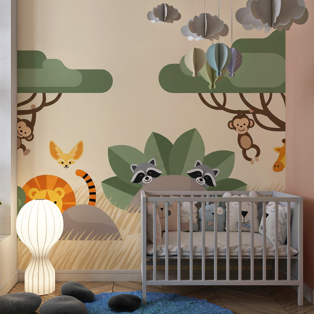 Savanna adventure wallpaper in children's bedroom with natural wood furniture and wildlife theme