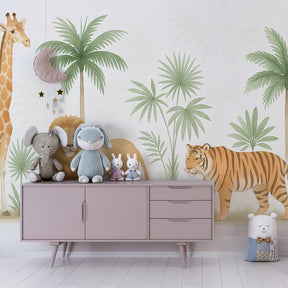 Wildlife themed mural wallpaper creating adventurous kids bedroom decor with tropical elements