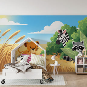Wildlife safari wallpaper creating adventurous atmosphere in children's bedroom decor