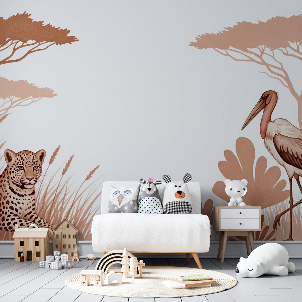 Wildlife mural wallpaper transforming children's bedroom into African safari adventure space