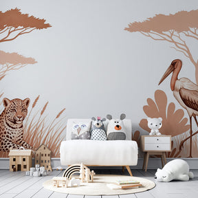 Wildlife mural wallpaper transforming children's bedroom into African safari adventure space