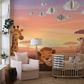 Playful savanna wallpaper creating adventure theme in children's bedroom with natural decor