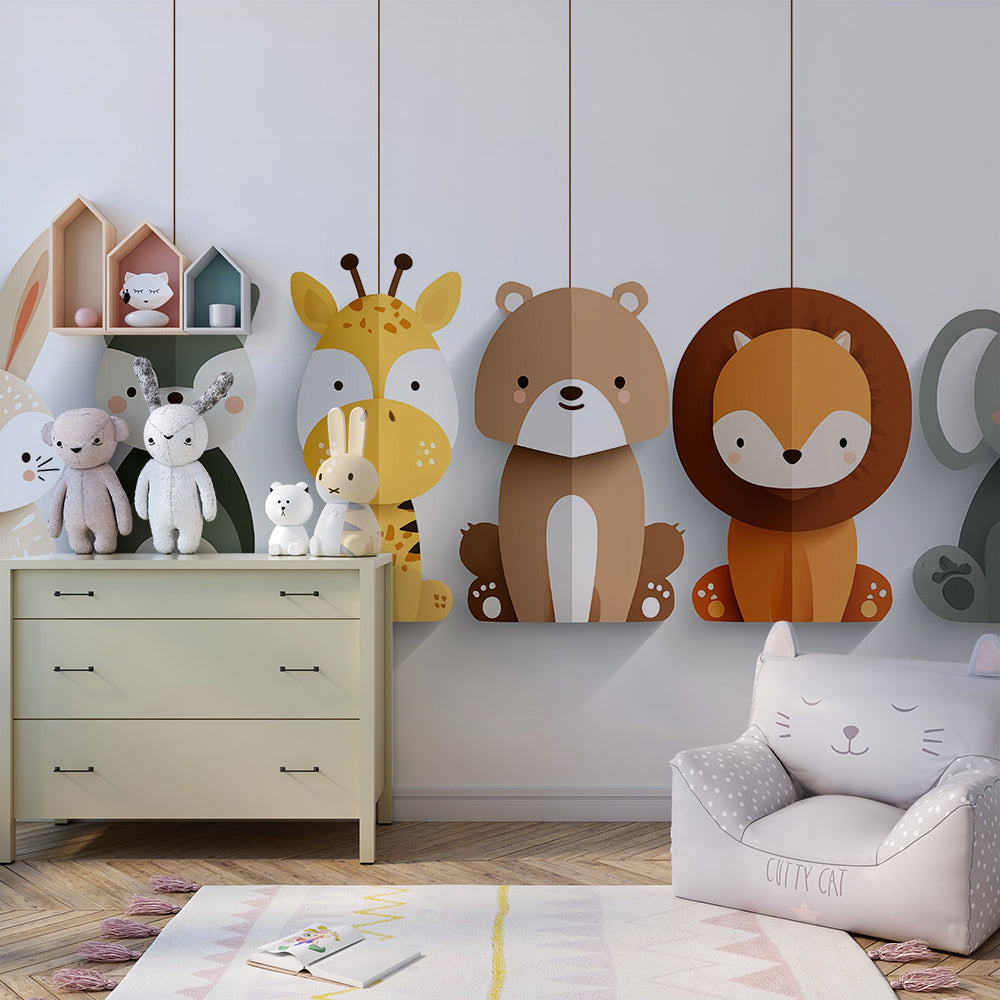 Hanging safari animals wallpaper creating peaceful atmosphere in children's bedroom