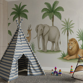 African wildlife mural wallpaper with elephant and lion decorating children's bedroom space