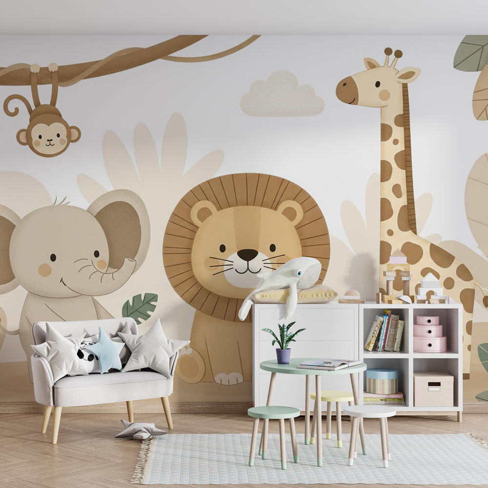Gentle savanna theme wallpaper creating calming kids bedroom atmosphere with natural wood furniture