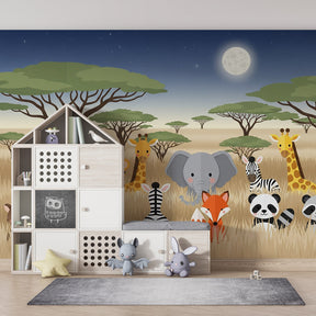 Children's safari wallpaper creating adventure-themed bedroom with wildlife characters