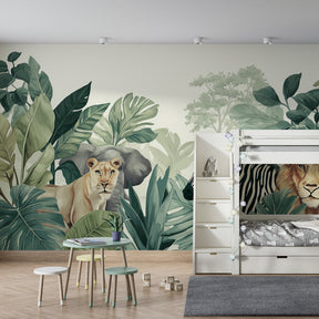 Jungle theme wallpaper creating wild safari atmosphere in children's bedroom decor