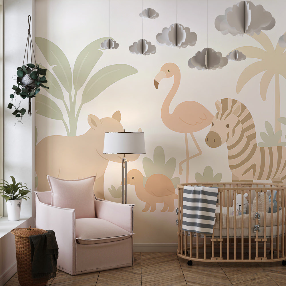 Cute savanna animals wallpaper creating adventurous atmosphere in children's bedroom with natural decor