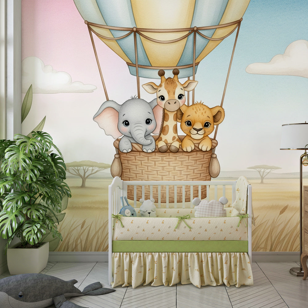 Hot air balloon animal wallpaper creating adventure-themed kids bedroom decor