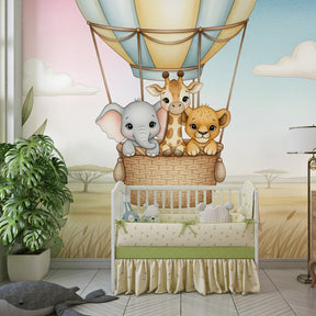 Hot air balloon animal wallpaper creating adventure-themed kids bedroom decor