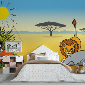 Colorful savanna mural wallpaper transforming kids bedroom with warm orange safari theme by Kids-Mundo
