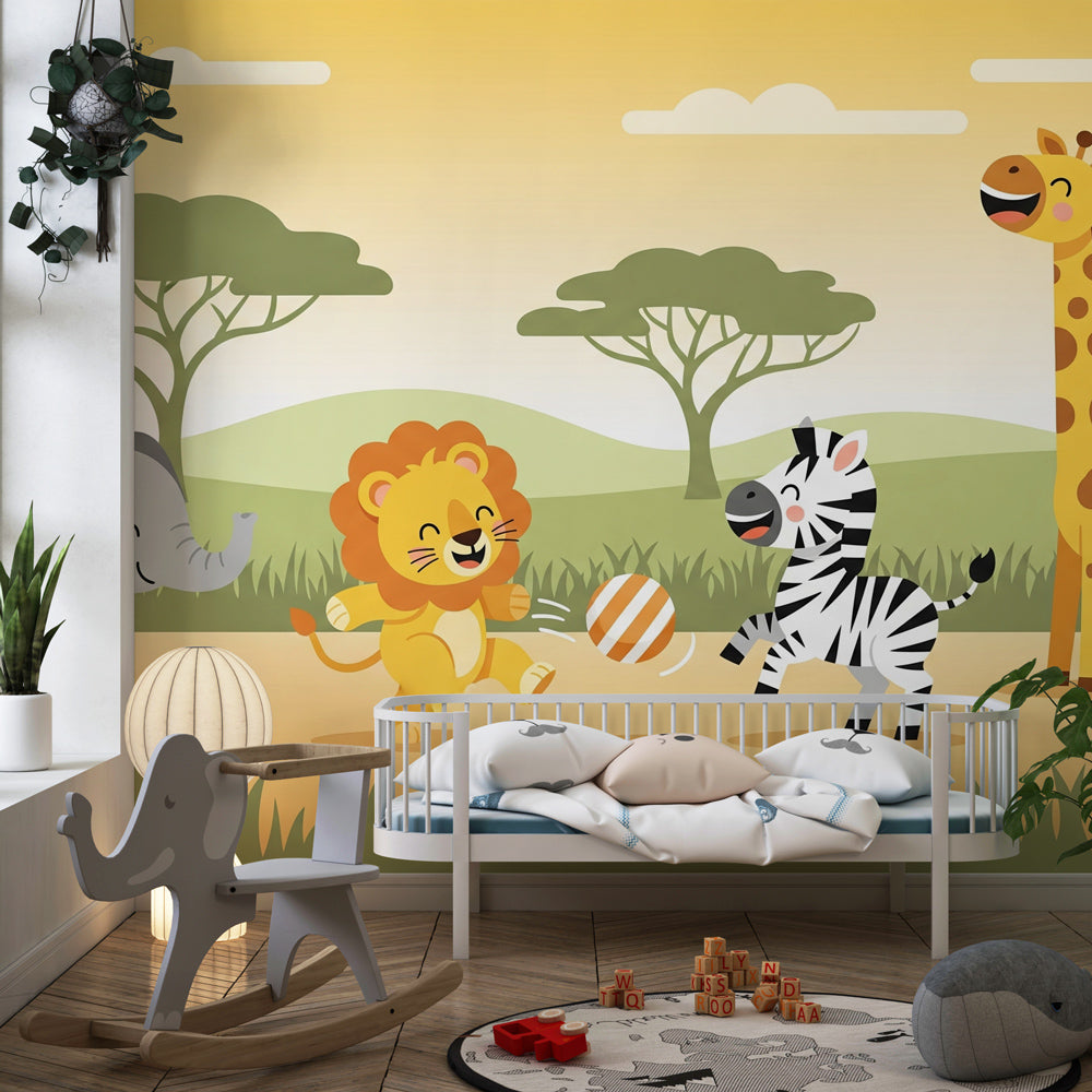 Playful savanna animal wallpaper creating adventurous kids bedroom atmosphere with warm earth tones