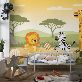 Playful savanna animal wallpaper creating adventurous kids bedroom atmosphere with warm earth tones