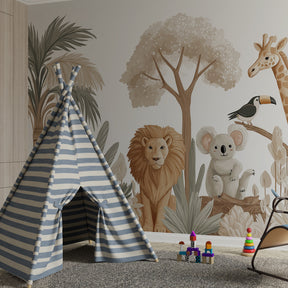 Tropical safari mural wallpaper featuring giraffe and toucan in children's bedroom setting