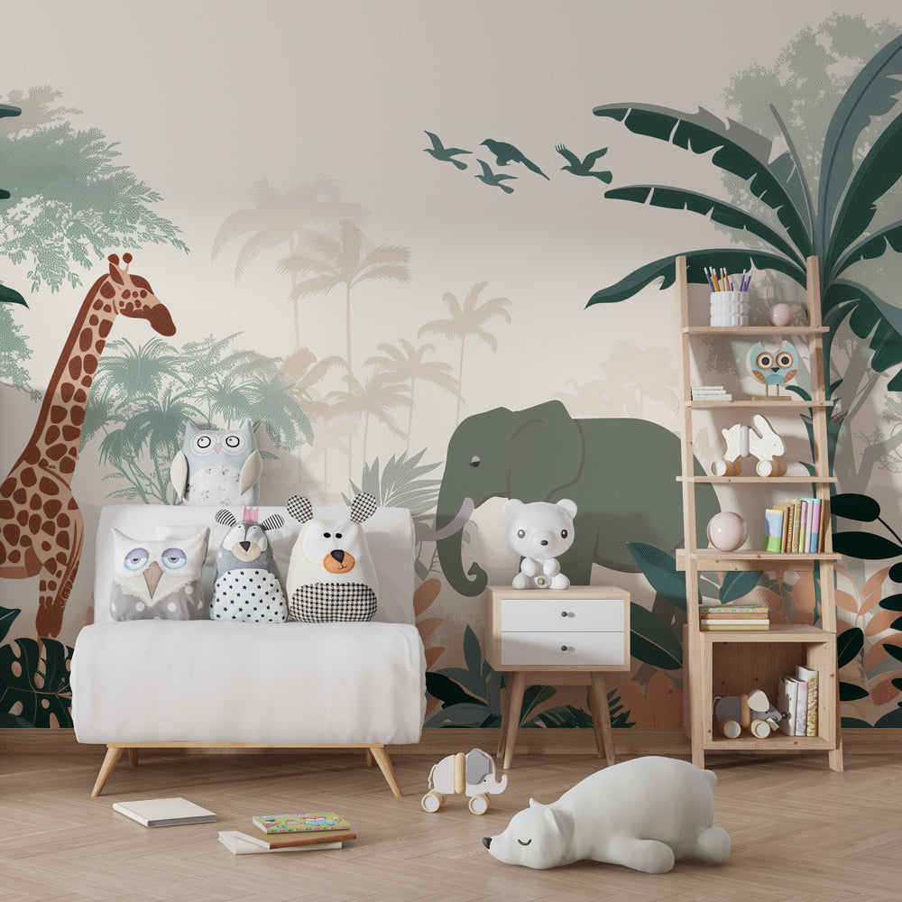 Jungle themed mural wallpaper creating adventure atmosphere in kids bedroom