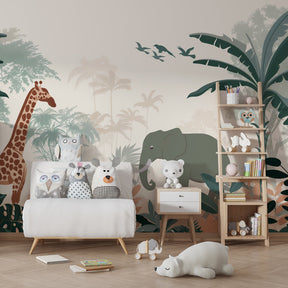 Jungle themed mural wallpaper creating adventure atmosphere in kids bedroom