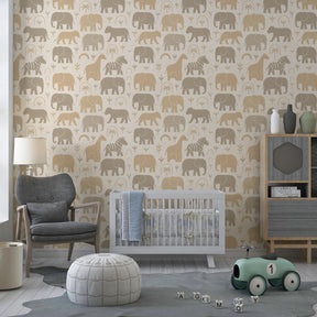 Soft savanna animals wallpaper decorating modern kids bedroom in beige and gray tones