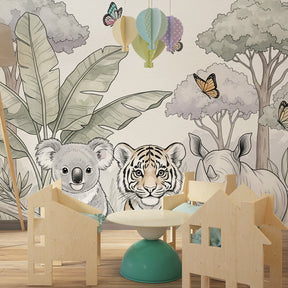 Wild nature adventure mural wallpaper creating educational kids bedroom with tropical jungle theme