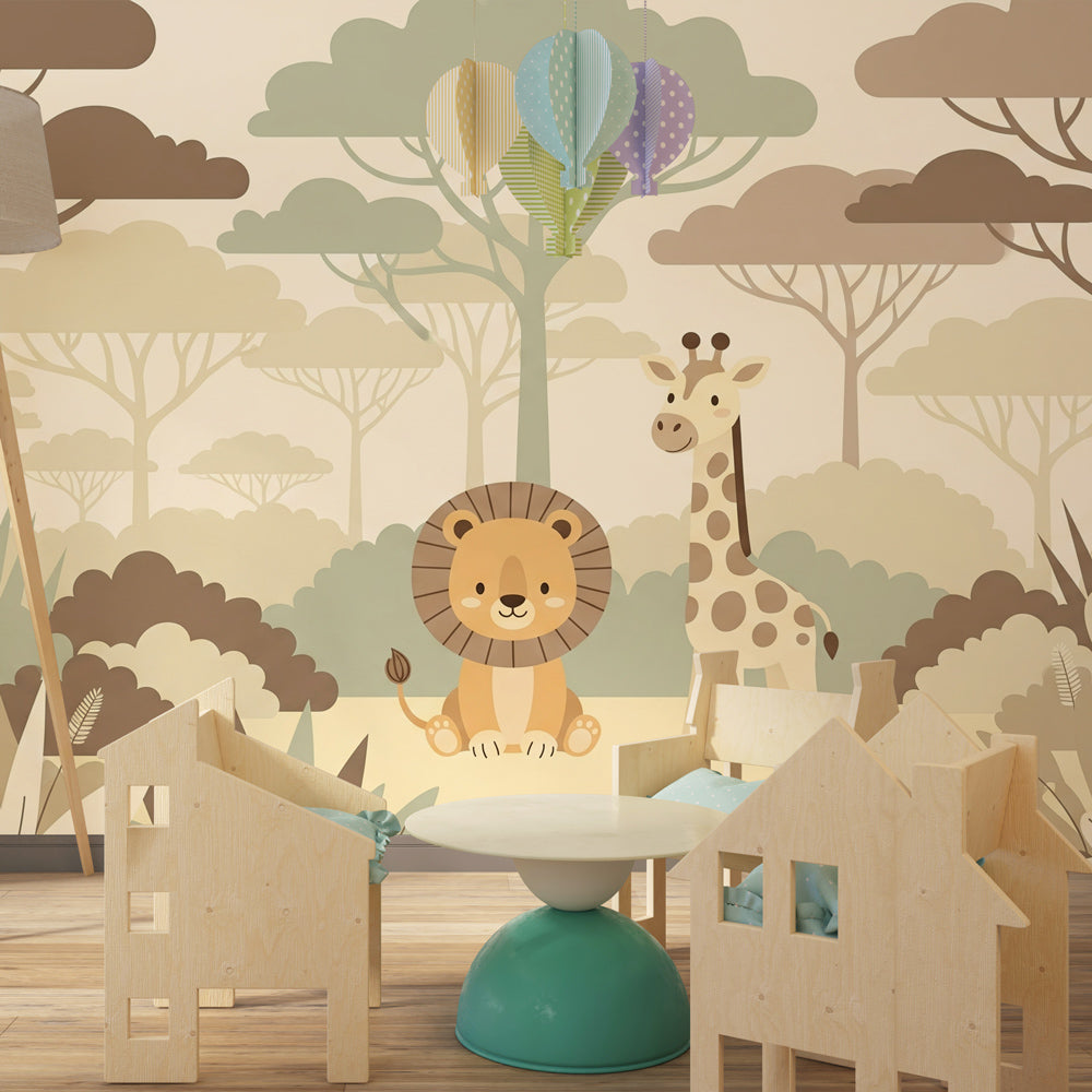 Savanna themed mural wallpaper creating peaceful atmosphere in children's bedroom