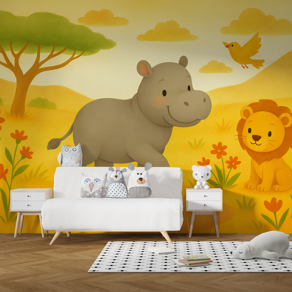 African savanna mural wallpaper transforming children's bedroom with friendly animal characters