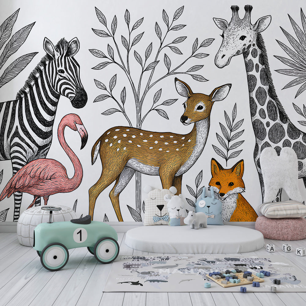 Savanna wildlife wallpaper featuring giraffe and zebra in modern kids bedroom setting