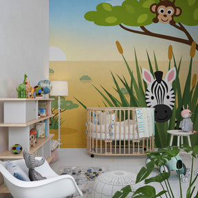 Safari theme mural wallpaper transforming toddler bedroom with friendly animal characters and natural colors