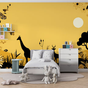 Giraffes and deer wallpaper creating nature-themed kids bedroom decor with yellow background