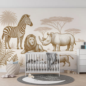 African safari wallpaper featuring wildlife animals in warm beige tones for children's room by Kids-Mundo
