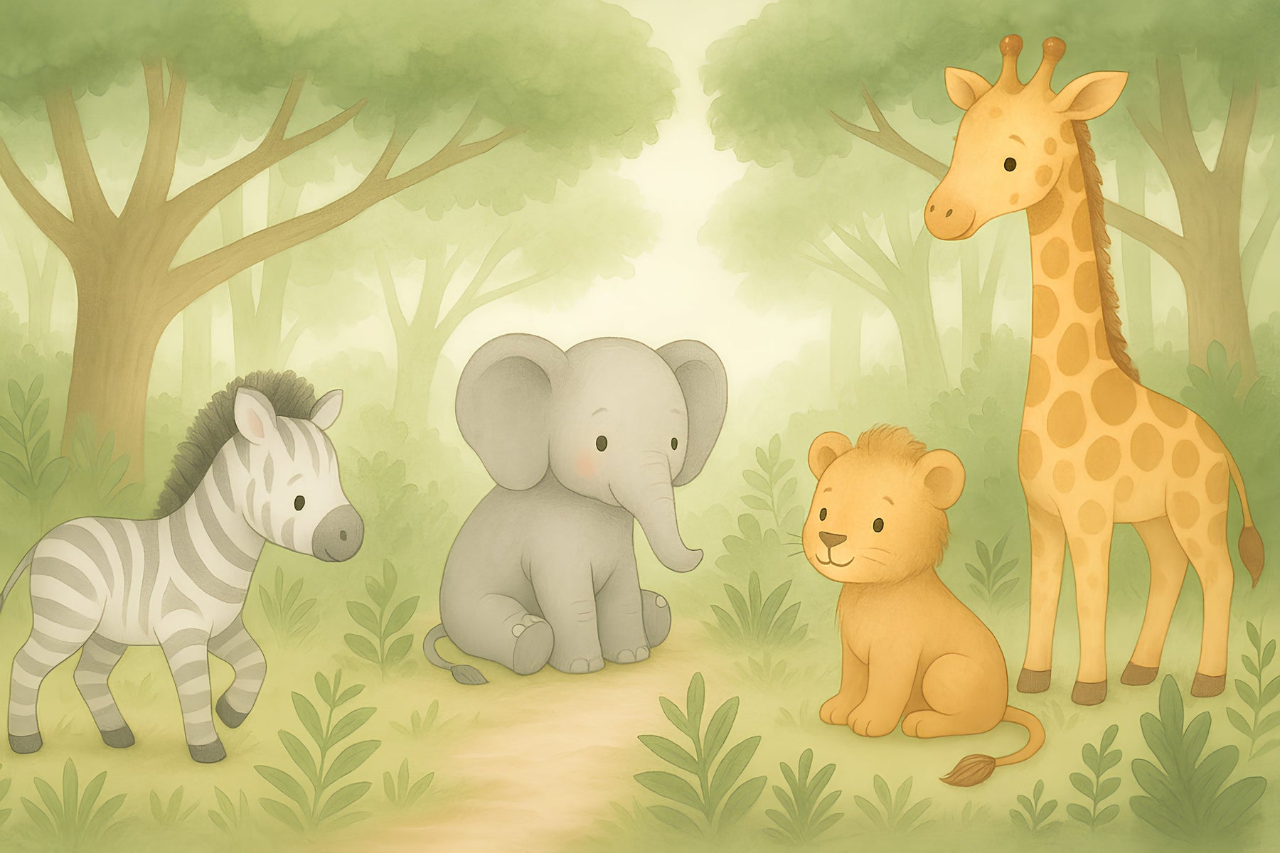 Detailed safari animals mural wallpaper design pattern with elephant, lion, giraffe and zebra by Kids-Mundo