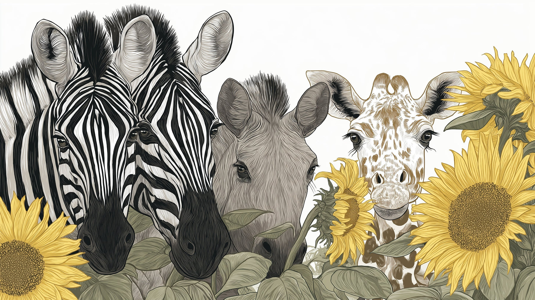 Detailed safari animals mural wallpaper design pattern with zebras giraffes and sunflowers by Kids-Mundo
