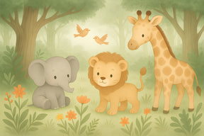 Detailed safari animals mural wallpaper design pattern with elephant, lion and giraffe by Kids-Mundo