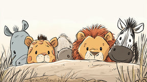 Detailed safari animals mural wallpaper design pattern showing lion, giraffe, zebra and hippo by Kids-Mundo